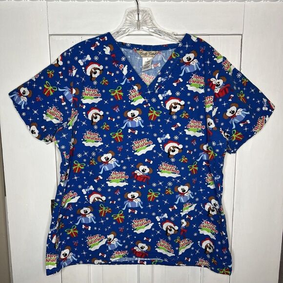 Comfy Cotton Blue Merry Christmas Puppy Dog Medical Nurse Scrub Shirt Size Med - Picture 1 of 3